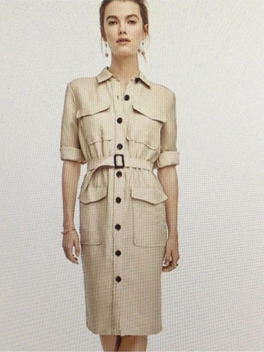 Ann Taylor Beige Utility Button-up Midi Dress Front Pockets Missing Belt Size 6